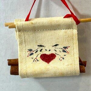 Hanging Cinnamon Logs Canvas Holder Ornament Heart Leaf Print 3"x2"